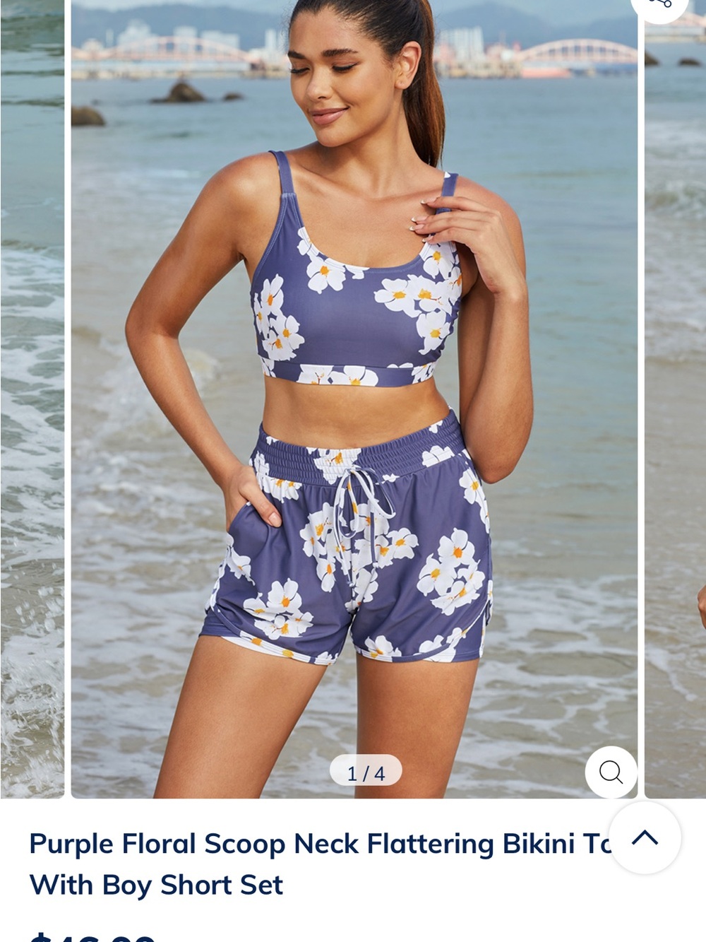 Purple Floral Scoop Neck Bikini Top & Boy Short Set